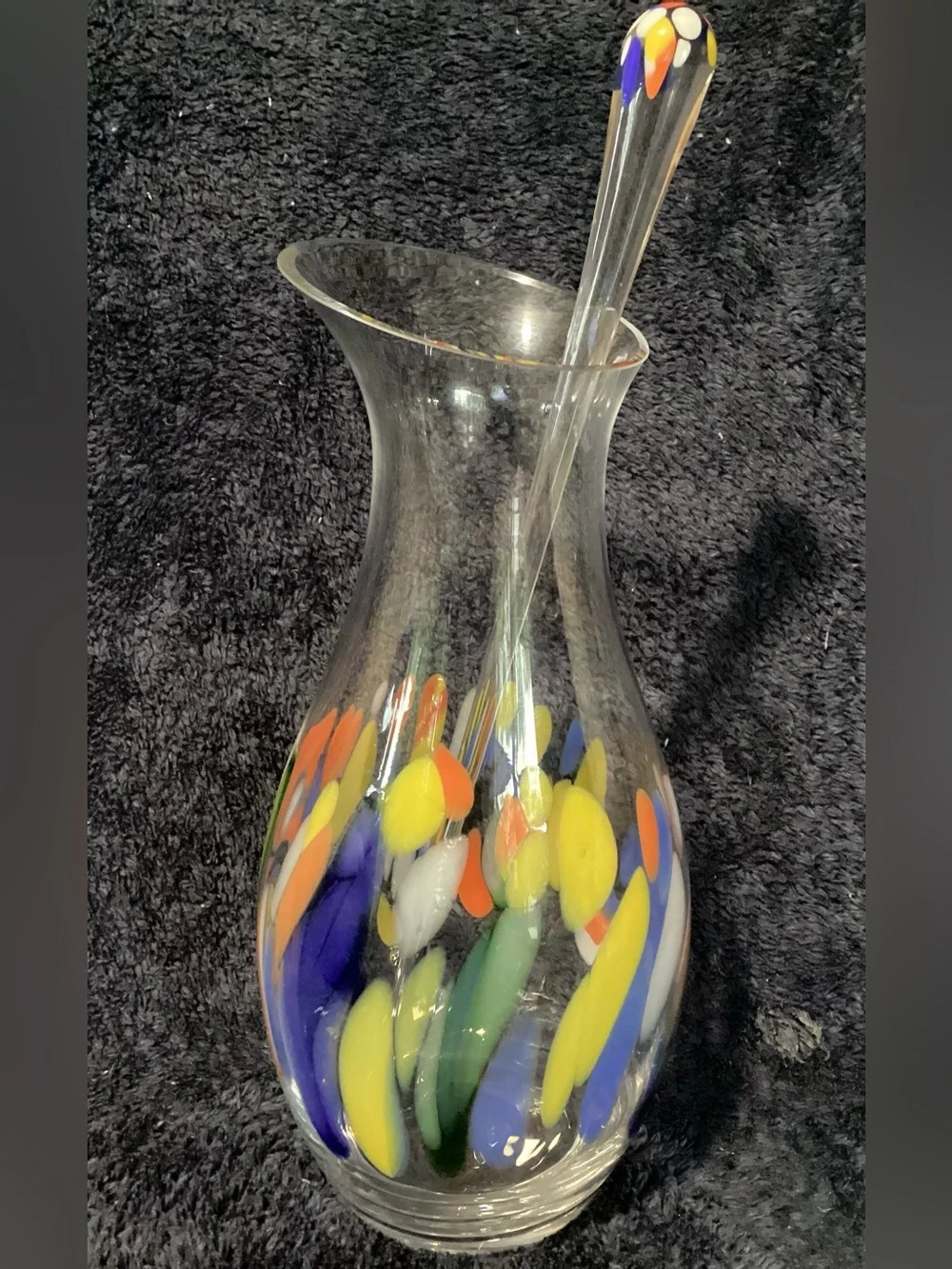 Vintage Hand Blown Art Glass Confetti Cocktail Pitcher w/ Matching Stirrer